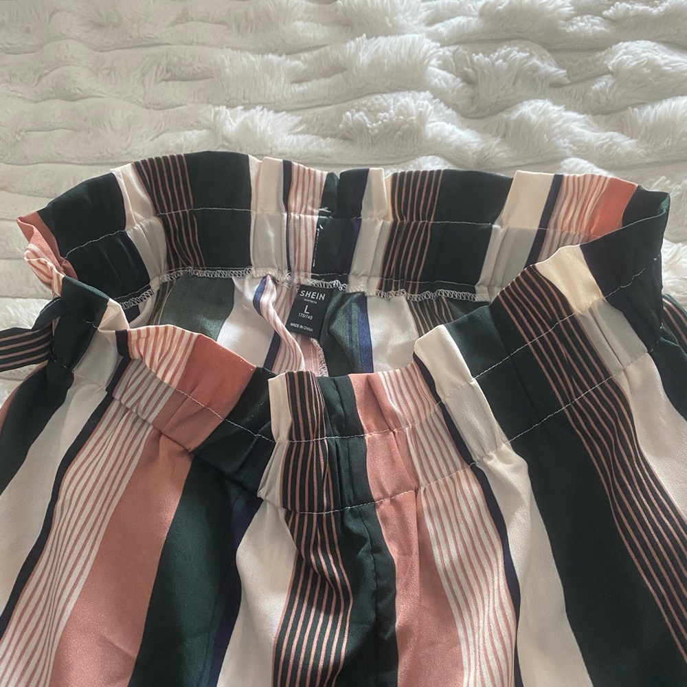 SHEIN Multicolor Striped Paperbag Waist Pants - Pink, Green, White